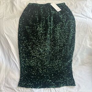 Sequin Velvet Skirt Elastic High Waist Sparkle Split Hem Maxi Skirt